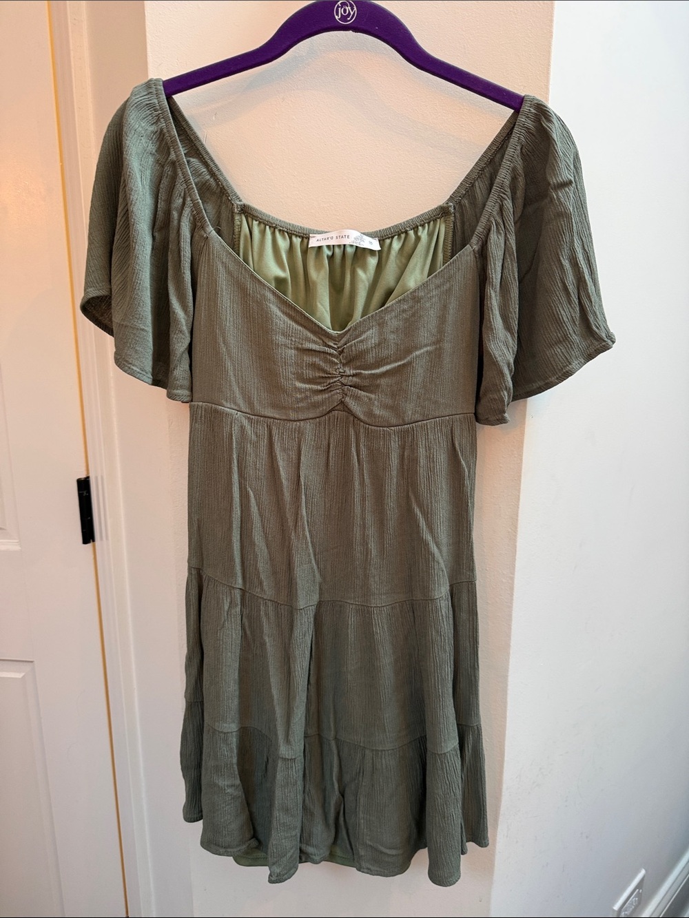 Altar'd State Sage Green Ruched Bust Tiered Mini Dress